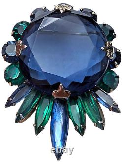 Vintage Faceted Rhinestone Brooch Blue Green Silver Tone Prong Set Unsigned