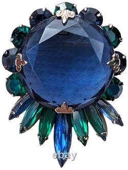 Vintage Faceted Rhinestone Brooch Blue Green Silver Tone Prong Set Unsigned