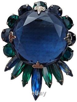 Vintage Faceted Rhinestone Brooch Blue Green Silver Tone Prong Set Unsigned