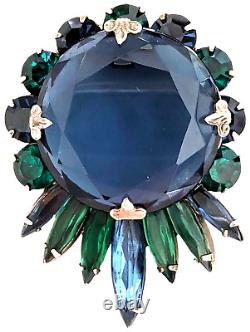 Vintage Faceted Rhinestone Brooch Blue Green Silver Tone Prong Set Unsigned