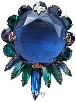 Vintage Faceted Rhinestone Brooch Blue Green Silver Tone Prong Set Unsigned