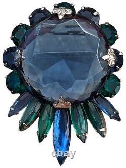 Vintage Faceted Rhinestone Brooch Blue Green Silver Tone Prong Set Unsigned