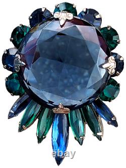 Vintage Faceted Rhinestone Brooch Blue Green Silver Tone Prong Set Unsigned