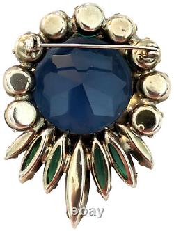 Vintage Faceted Rhinestone Brooch Blue Green Silver Tone Prong Set Unsigned