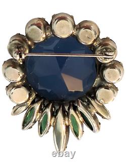 Vintage Faceted Rhinestone Brooch Blue Green Silver Tone Prong Set Unsigned