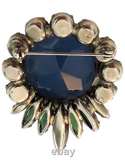 Vintage Faceted Rhinestone Brooch Blue Green Silver Tone Prong Set Unsigned