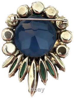 Vintage Faceted Rhinestone Brooch Blue Green Silver Tone Prong Set Unsigned