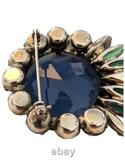 Vintage Faceted Rhinestone Brooch Blue Green Silver Tone Prong Set Unsigned