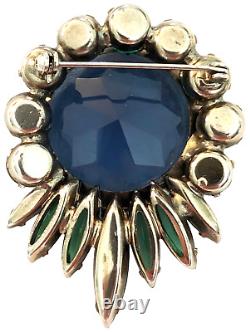 Vintage Faceted Rhinestone Brooch Blue Green Silver Tone Prong Set Unsigned