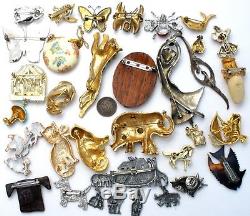 Vintage Figural Brooches Lot 30 Pc Pins Enamel Rhinestone Dog Cat JJ Insect 1928