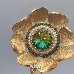 Vintage Florenza Brooch Watermelon Rivoli Rhinestone Signed STUNNING