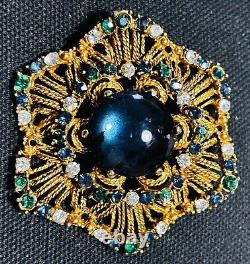 Vintage Florenza Emerald Sapphire Rhinestone Brooch Blue Cabochon Gold Filigree