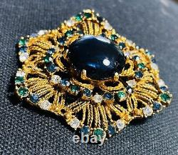 Vintage Florenza Emerald Sapphire Rhinestone Brooch Blue Cabochon Gold Filigree