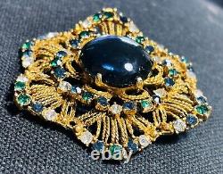 Vintage Florenza Emerald Sapphire Rhinestone Brooch Blue Cabochon Gold Filigree