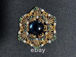 Vintage Florenza Emerald Sapphire Rhinestone Brooch Blue Cabochon Gold Filigree