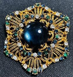 Vintage Florenza Emerald Sapphire Rhinestone Brooch Blue Cabochon Gold Filigree