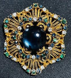 Vintage Florenza Emerald Sapphire Rhinestone Brooch Blue Cabochon Gold Filigree