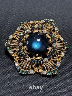 Vintage Florenza Emerald Sapphire Rhinestone Brooch Blue Cabochon Gold Filigree