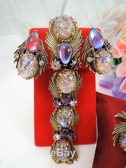 Vintage Florenza Foiled Art Glass & Purple Rhinestone Braceletbroochearrings