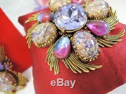 Vintage Florenza Foiled Art Glass & Purple Rhinestone Braceletbroochearrings