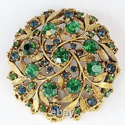 Vintage Florenza Gold Tone Leaf & Vines Green & Blue Glass Rhinestone Brooch