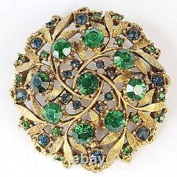 Vintage Florenza Gold Tone Leaf & Vines Green & Blue Glass Rhinestone Brooch