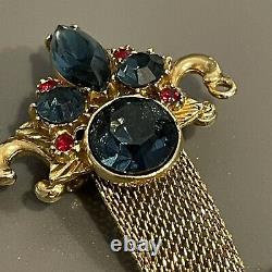Vintage Florenza Maltese Cross Brooch Fleur De Lis Mesh Rhinestone Red Blue