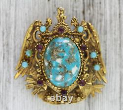 Vintage Florenza Pendant Brooch Pin Faux Turquoise Rhinestone Signed Jewelry