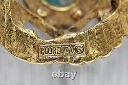 Vintage Florenza Pendant Brooch Pin Faux Turquoise Rhinestone Signed Jewelry