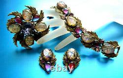 Vintage Florenza Purple Rhinestone & Foiled Art Glass Bracelet Brooch & Earrings