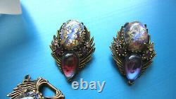 Vintage Florenza Purple Rhinestone & Foiled Art Glass Bracelet Brooch & Earrings