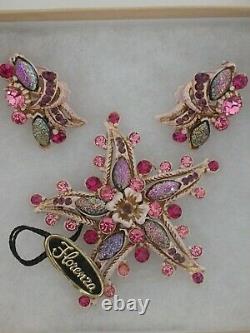 Vintage Florenza Signed Marquise Lava Stone Starfish Brooch & Earrings Set W Tag