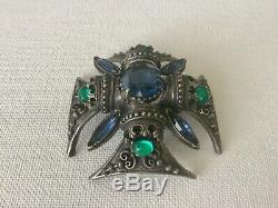 Vintage Florenza Signed Silver Tone Blue & Green Maltese Cross Brooch Pin