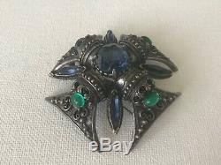 Vintage Florenza Signed Silver Tone Blue & Green Maltese Cross Brooch Pin