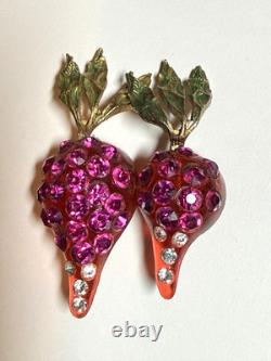 Vintage Forbidden Fruit radish brooch RARE lucite hot pink rhinestones enameled