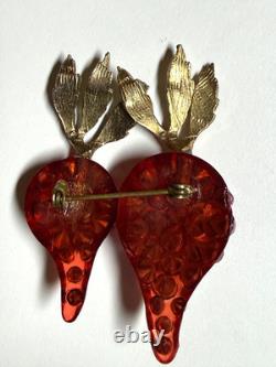 Vintage Forbidden Fruit radish brooch RARE lucite hot pink rhinestones enameled