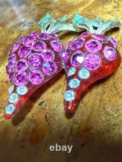 Vintage Forbidden Fruit radish brooch RARE lucite hot pink rhinestones enameled