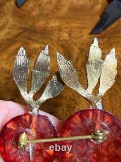 Vintage Forbidden Fruit radish brooch RARE lucite hot pink rhinestones enameled