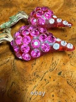 Vintage Forbidden Fruit radish brooch RARE lucite hot pink rhinestones enameled