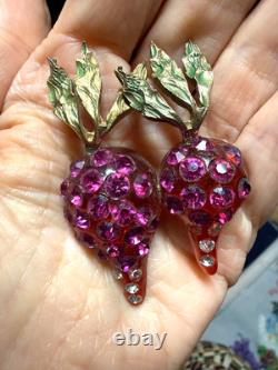 Vintage Forbidden Fruit radish brooch RARE lucite hot pink rhinestones enameled