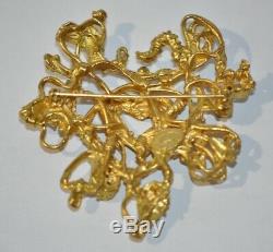 Vintage French Signed Christian Lacroix Paris Gold Heart Brooch Pin Rhinestones