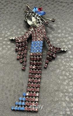 Vintage Geisha Girl 4 Brooch Pin Rhinestone Crystal Red Blue Dangle Silver Tone
