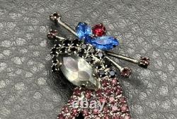 Vintage Geisha Girl 4 Brooch Pin Rhinestone Crystal Red Blue Dangle Silver Tone