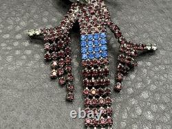 Vintage Geisha Girl 4 Brooch Pin Rhinestone Crystal Red Blue Dangle Silver Tone