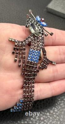 Vintage Geisha Girl 4 Brooch Pin Rhinestone Crystal Red Blue Dangle Silver Tone