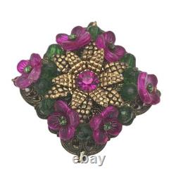 Vintage Germany Flower Brooch Gold Tone Fuschia Pink Molded Flowers Rhinestones