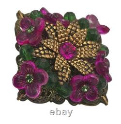 Vintage Germany Flower Brooch Gold Tone Fuschia Pink Molded Flowers Rhinestones
