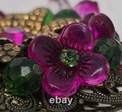 Vintage Germany Flower Brooch Gold Tone Fuschia Pink Molded Flowers Rhinestones