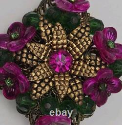 Vintage Germany Flower Brooch Gold Tone Fuschia Pink Molded Flowers Rhinestones