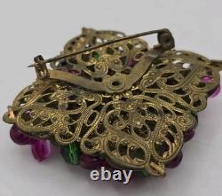 Vintage Germany Flower Brooch Gold Tone Fuschia Pink Molded Flowers Rhinestones